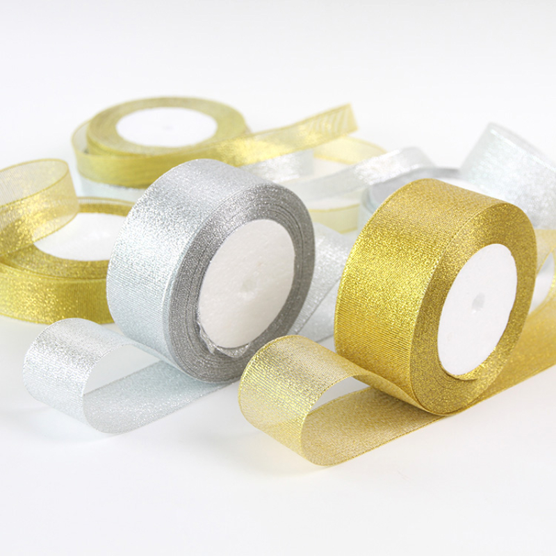 Ribbon Organza Roll - ทอง/เงิน Organza หัวหอมริบบิ้น 25 หลา/ม้วน Ribbons3-6-10-12-15-20-25-3.8-5mm
