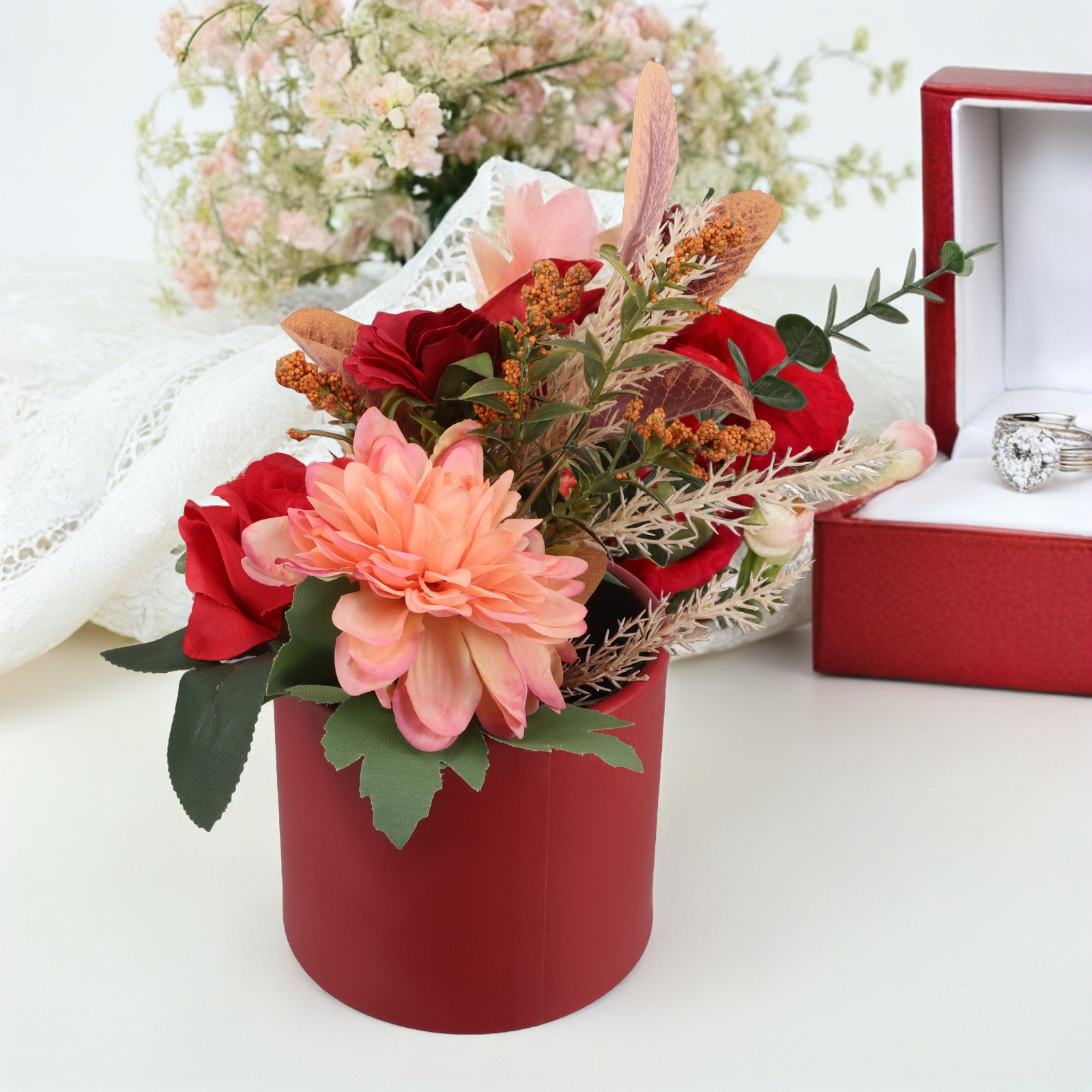 Bouquet Holder Foam - กล่องดอกไม้ทรงกลม ที่ใส่ช่อกุหลาบแดง บรรจุภัณฑ์หรูหรา กล่องซ้อนกันได้ เหมาะสำหรับงานแต่งงาน วันเกิด